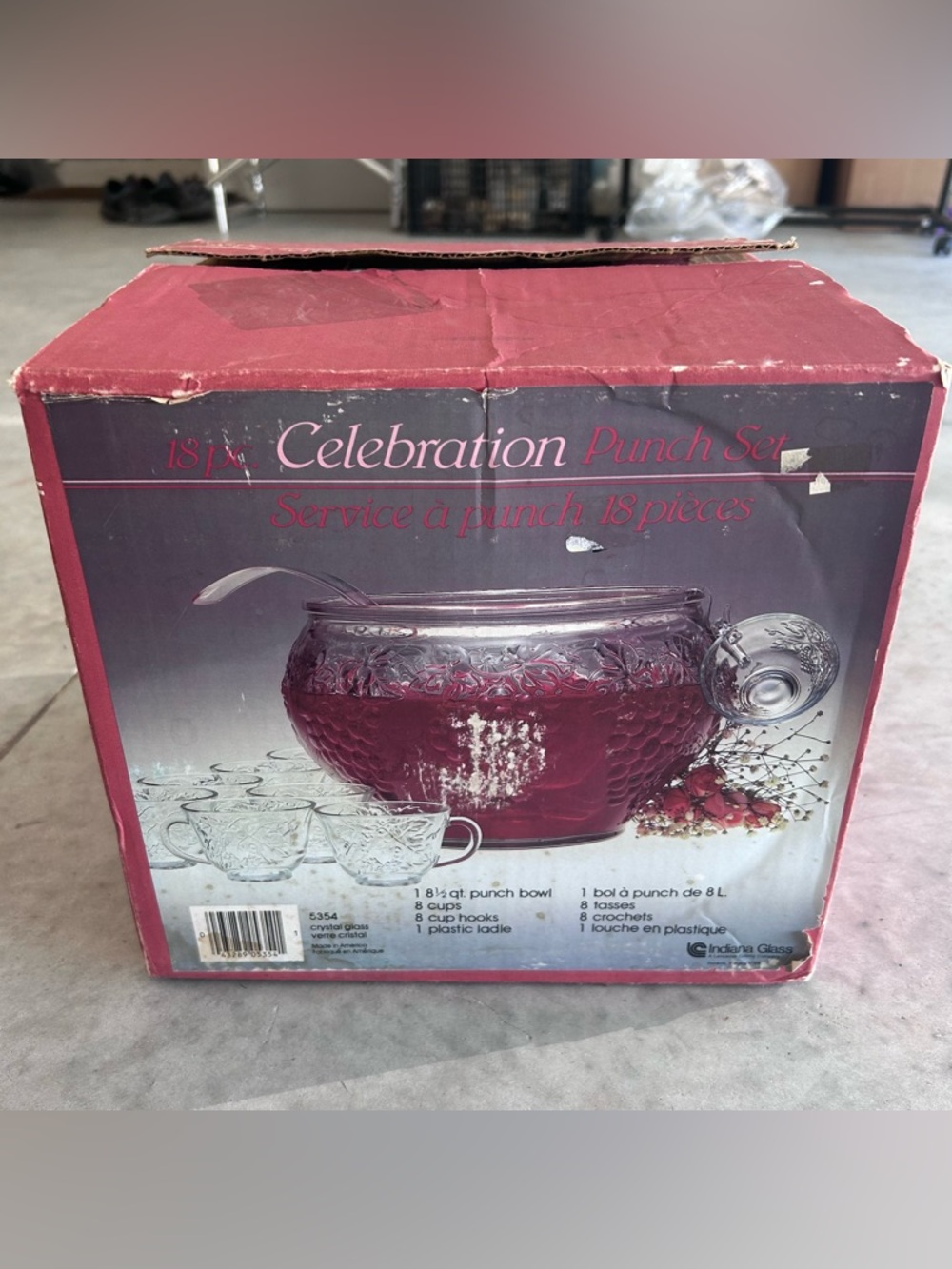 Vintage Indiana Glass Grapes Celebration Punch Bowl Cups Set In Box #5354